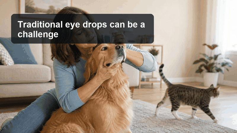 A caregiver compares traditional eye-drop positioning with a relaxed eye-mist application from about four inches away